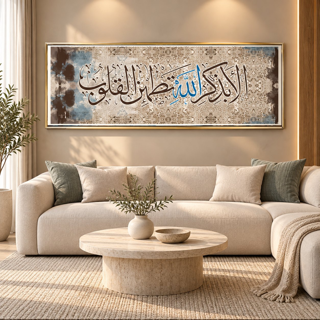 اللوحة العريضة بإطار ذهبي فوق أريكة في صالة
