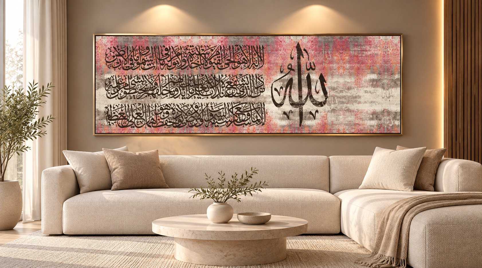 اللوحة العريضة بإطار ذهبي فوق أريكة في صالة
