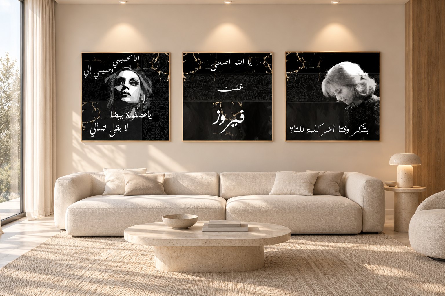 الثلاثية معلقة فوق أريكة بيضاء في صالة مشمسة